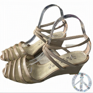 $5$ add on New York Transit- taupe patent& mesh peep toe wedge heel.